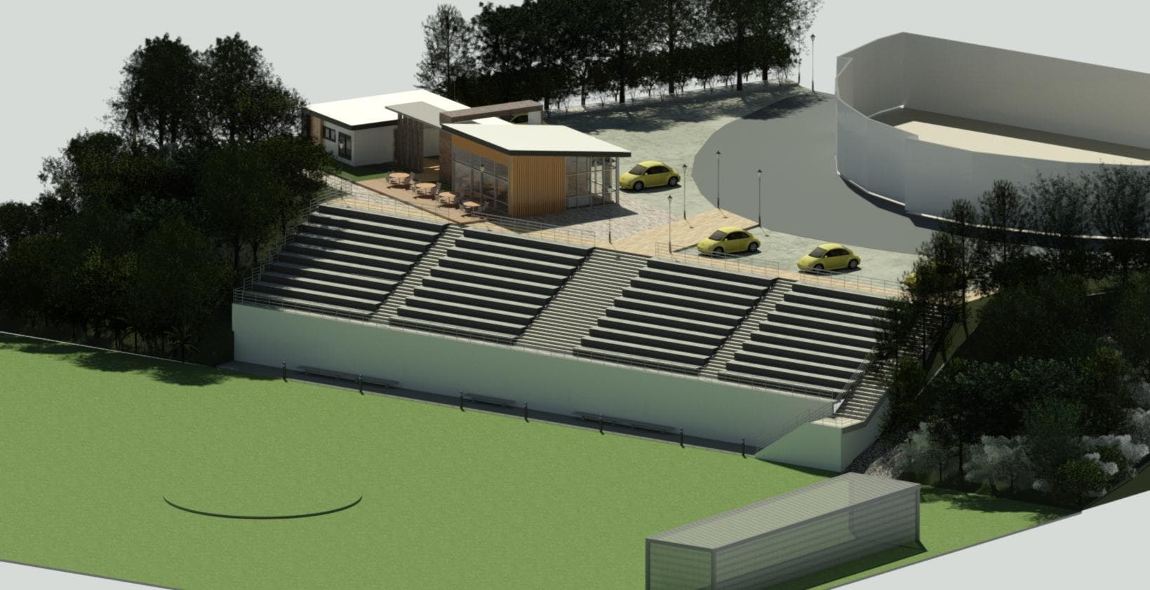 Escenario deportivo con zona social, vista aérea