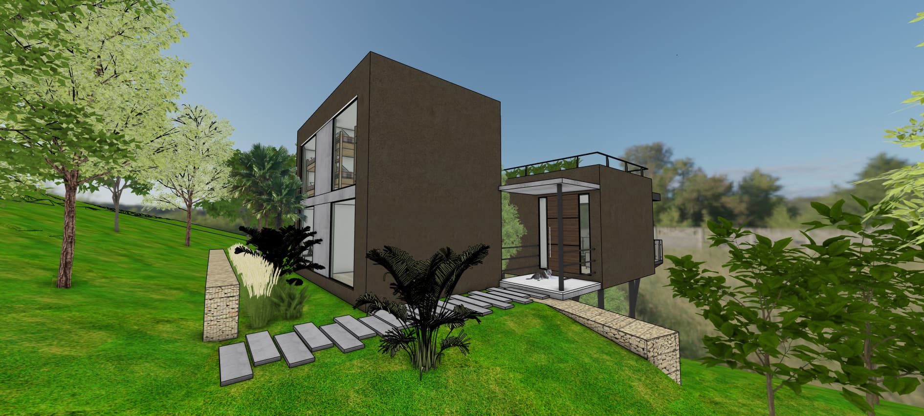 Vivienda moderna con fachada en madera y jardín