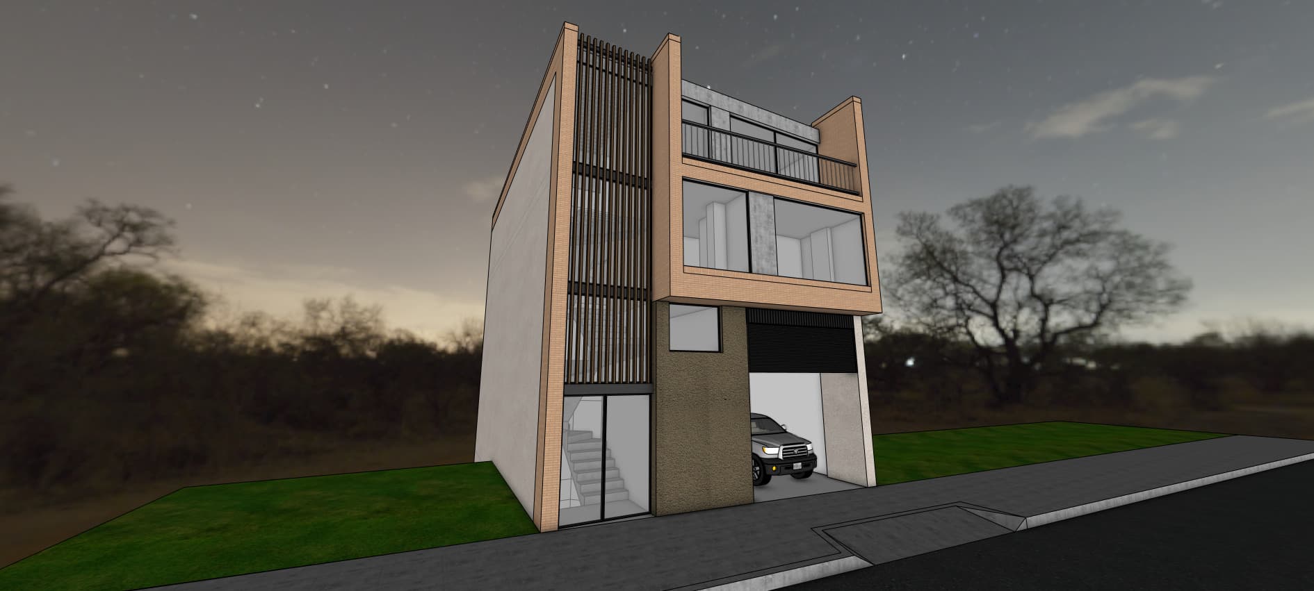 Render nocturno de vivienda de tres pisos