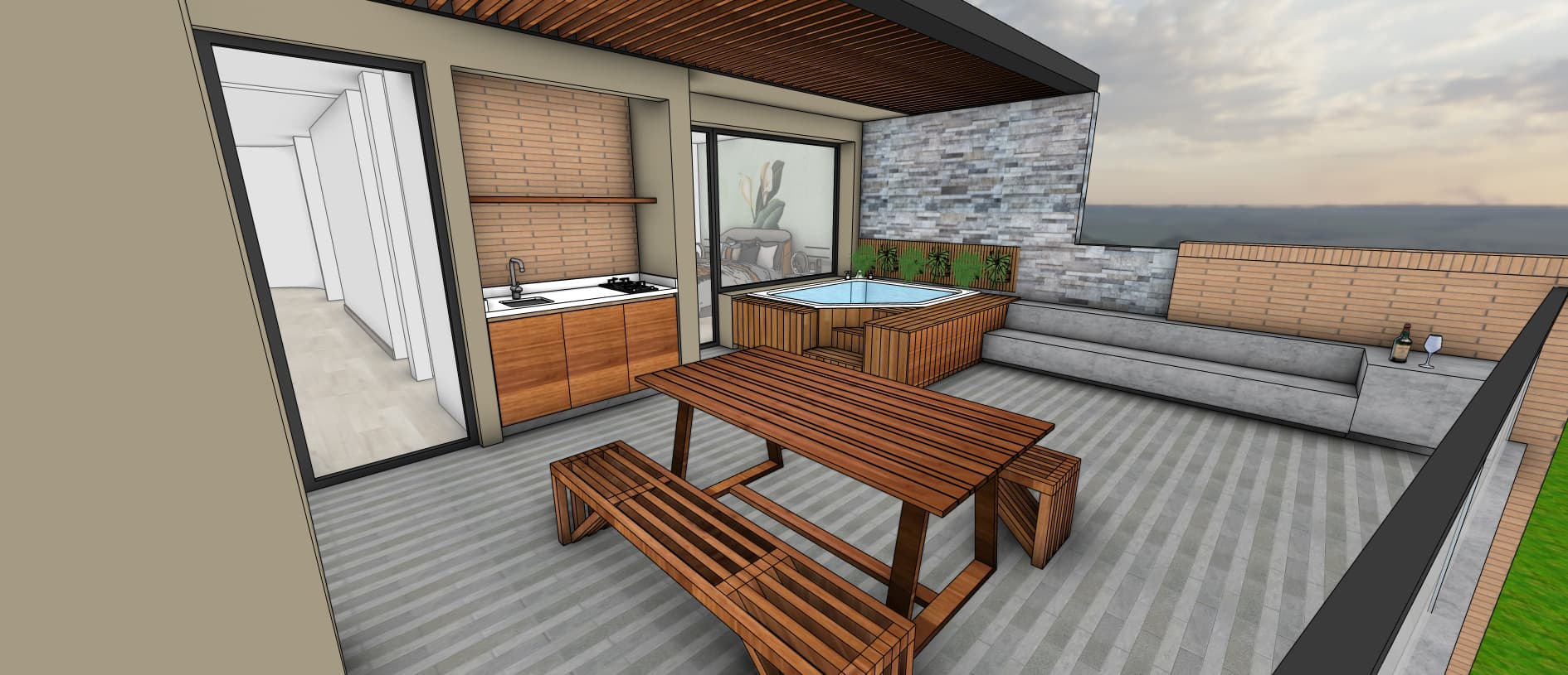 Diseño de terraza con jacuzzi y zona social